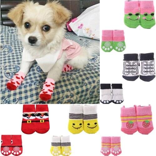 Cute Puppy Dog Shoes Anti-Slip Knit Socks Small Dogs Cat Shoes Chihuahua Boots For Winter Indoor Wear Slip On Paw Protector 4pcs