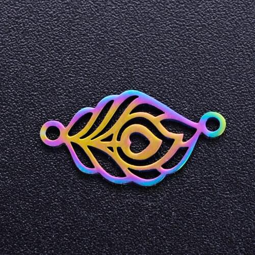 5pcs/lot 100% Stainless Steel Peacock Feather diy Connector Charms With Rainbow Plated Wholesale Connectors for Bracelet Making