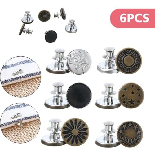 6pcs/set Retro Pattern Jeans Button Detachable Alloy Jean Pants Button No Sew Instant Sewing Universal Easy Clip