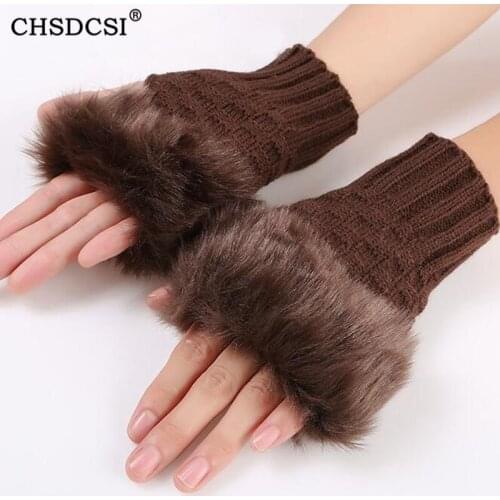 CHSDCSI Winter Knitting Fingerless Gloves Women Cute Faux Rabbit Fur Knitted Gloves Female Warmer Wrist Hand Gloves Mitten Girls