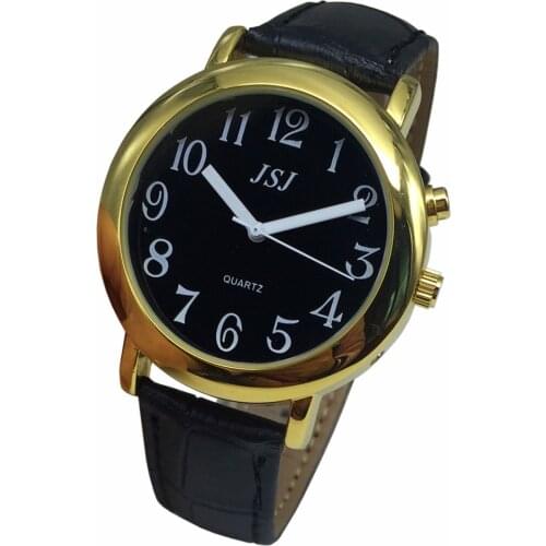 French Talking Watch with Alarm Function, Talking Date and time, Black Dial, Black Leather Band, Golden Case TAF-607