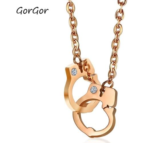 GorGor Necklace Women Titanium with Stainless Steel Mosaic Rhinestone Handcuff Shape Rose Gold Colors Popular Noble Lady NC-345