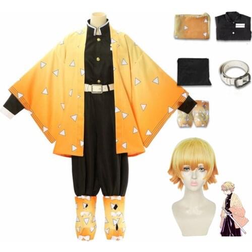 Demon Slayer Agatsuma Zenitsu Kimetsu no Yaiba Men Yellow Adult Kids Uniform Anime Kimono Cosplay Costume
