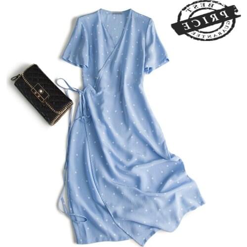Summer Real Silk Dress Women Vintage Long Sexy Beach Dresses 2021 Korean Blue Boho Polka Dot Evening Party Vestidos A5052