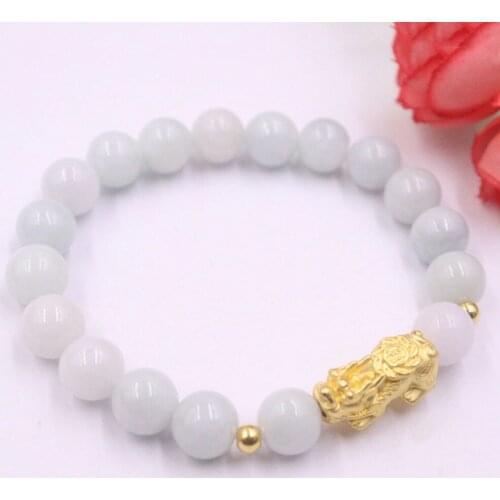 Pure 24K Yellow Gold 3D Craft Pixiu and 2pcs Gold Bead with 8mm Natural Grade A Jadeite Beads Bracelet