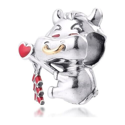 Charms fits for Necklaces Bracelets Cute Ox Beads with 14k Real Gold 100% 925 Sterling-Silver-Jewelry Free Shipping