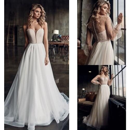 A-Line Weddding Dresses Cut-Out Illusion Detachable Puff Sleeve 2021 Latest Version Design Fashion Floor Length Bridal Gowns