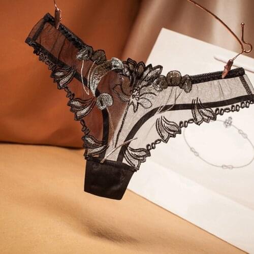 Net yarn full transparent embroidery sexy womens underwear temptation T pants ladies cotton crotch thong G-String