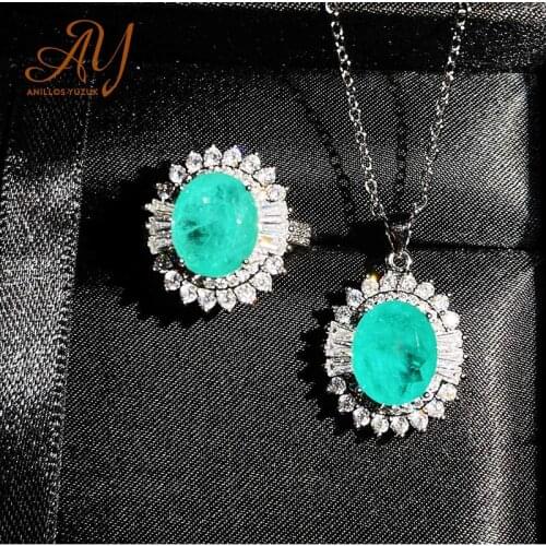 Anillos Yuzuk Hot Sale Vintage 925 Sterling Silver Blue Paraiba Tourmaline Gemstone Pendant/Necklace/Rings Jewelry Set Wholesale