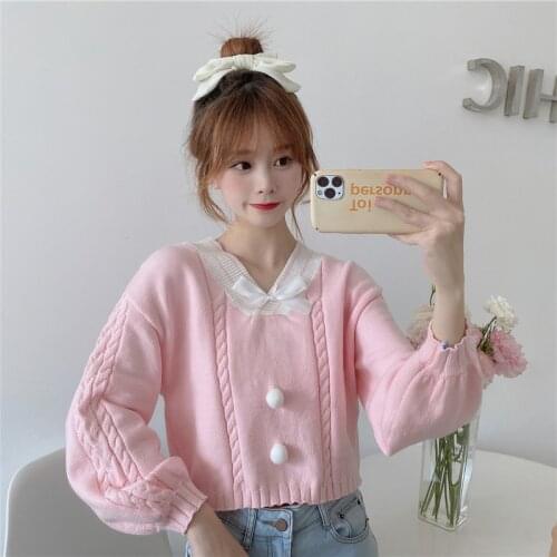 2020 New Japanese Women Sweater Autumn Winter V-neck Short Sweaters Bow Knitted Sweaters Kawaii Sweet Women Clothing