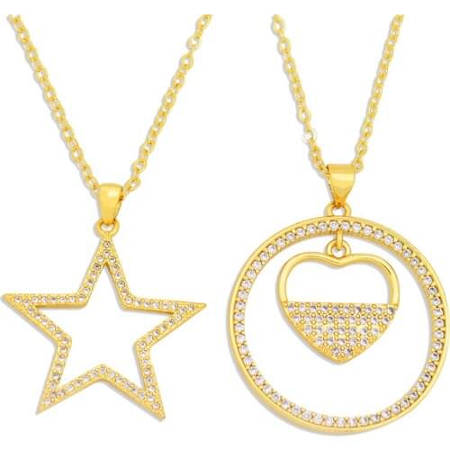 Gold Geometric Hollow Star Round Heart Necklace for Women CZ Zirconia Crystal Fashion Jewelry Birthday Party Gifts collier femme
