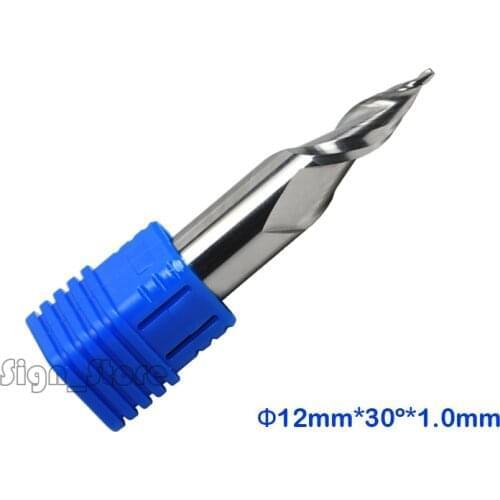 1Pc AA HQ 12*30Deg*1.0MM Mini Letter Cutter, Small Word Cutting Taper Double Fute Spiral Carbide CNC Router Bits, LED Diffuser