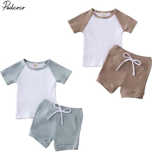 2020 Toddler Baby Girls Boys Kids Summer Clothes Patchwork Knittet Short Sleeve T-shirt Tops+Shorts Outfits Set Casual 2Pcs