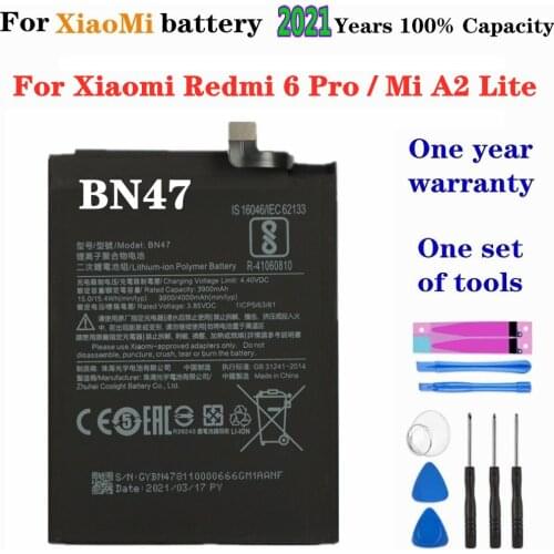 2021 BN47 Replacement Battery For Xiaomi Redmi Mi A2 Lite / 6 Pro Mobile Phone Battery Original Capacity 4000mAh batteries +Tool