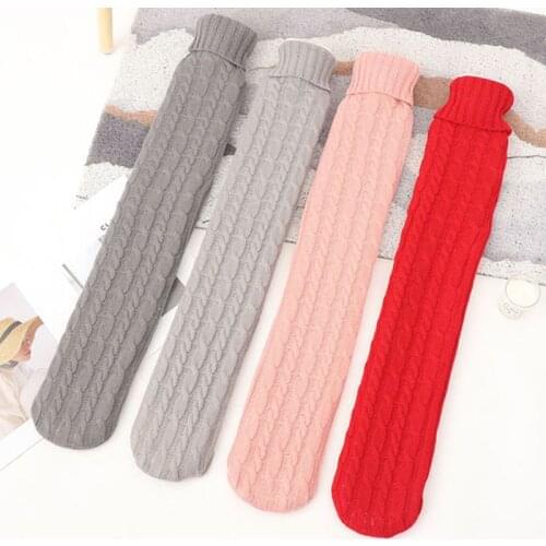 2L Classic Long Hot Water Bottle with Cable Knitted Cover Hot Water Bag Pain Relief Water Heating Pad Gift for Women and Girls