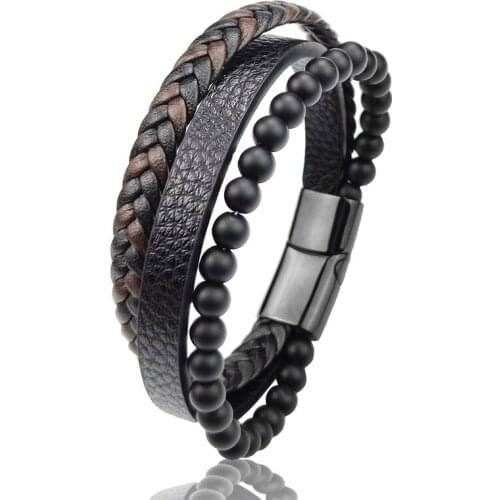 Classic Punk Hot Selling Bracelet Natural Stone Beaded Woven Leather Bracelet Multilayer Rope Jewelry for Men and Women