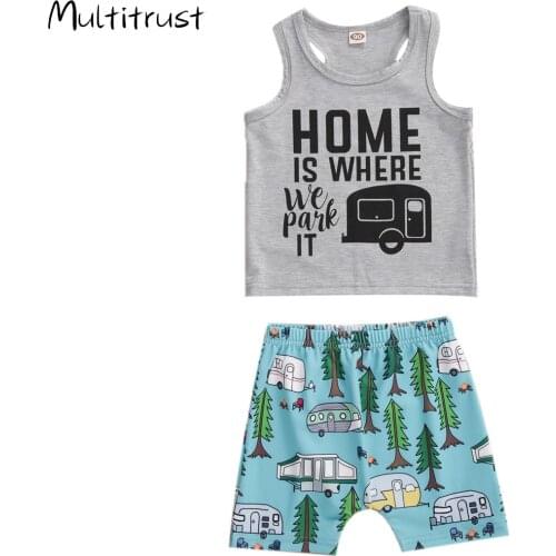 Kids 2 PCS Outfit Set Letter Car Pattern Sleeveless Round Neck Short Trees Cars Pattern Pleated Elastic Band Pants Set