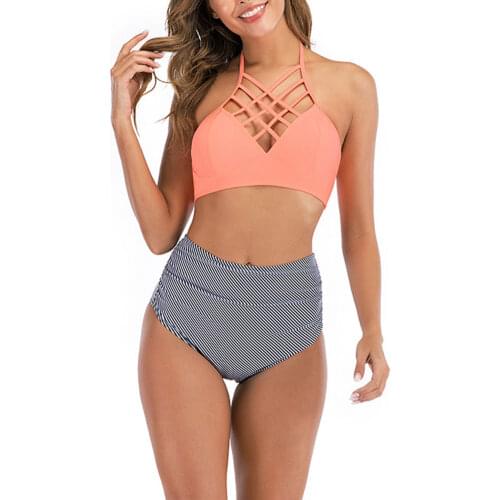 Women 2-Piece Leaf Print Swimsuit Cross Bandage Halter Neck Push Up Padded Bra, High Waist Thong Sexy and Charming Bikini Set