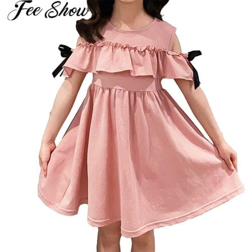 2021 Summer Kids Dresses For Girls Solid Color Off Shoulder Ruffle Princess Dress Children Casual Party Flower Girl Dresses