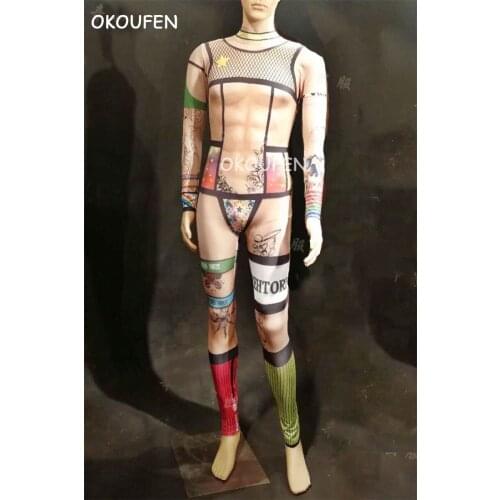 Nightclub male singer model Dj Ds triangle fake meat print jumpsuit trousers stage show party theme costume