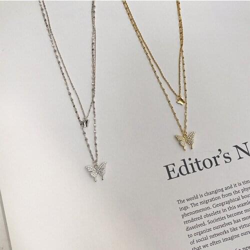 Fashion Simple Mini Butterfly Crystal Pendant Elegant Girl Inlay Zircon Gold Silver Color Necklace Charm Lady Cocktail Jewelry