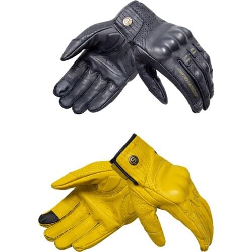 Retro Genuine Leather Motorcycle Gloves Men Touch Screen Motocross Luvas Full Finger Motorbike Vintage Biker Guantes Moto Yellow