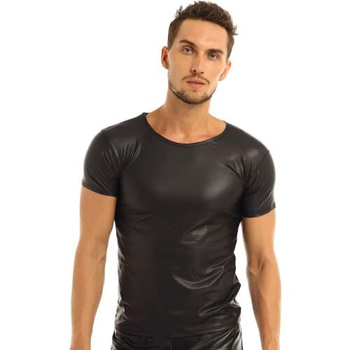 Men Black Faux Leather Latex Short Sleeve T-shirt Nightclub Hip Hop Pullover T-Shirt Top Undershirt Fashion Casual T-Shirts Tops