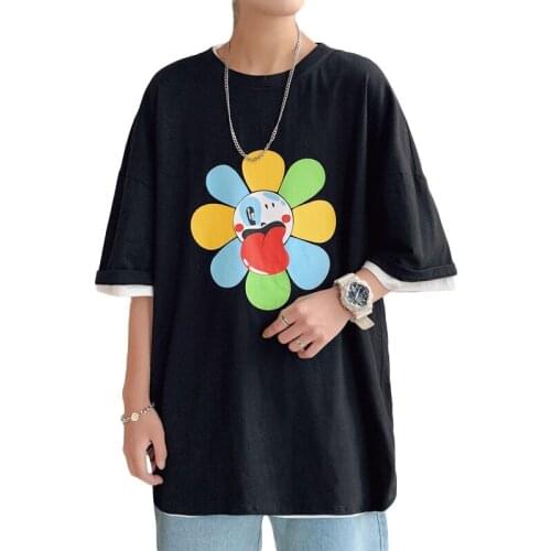 Men Oversized Cartoon Flower Graphic T Shirts 2020 Summer Mens Harajuku Hip Hop Streetwear Tees Korean Fashoins Tops For Male