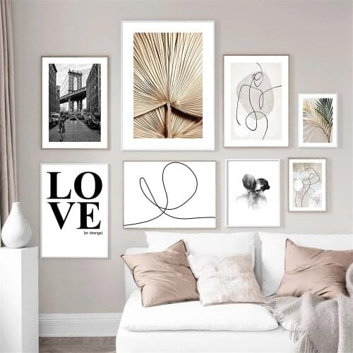 Couple Kiss Abstract Line Wall Art Poster Painting Palm Banana Leaf Plant Canvas Prints Nordic Vintage Wall Pictures Home Decor