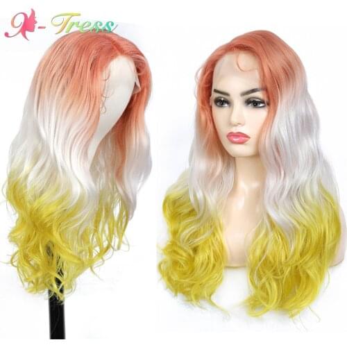 X-TRESS Synthetic Lace Front Wig Ombre Color Lace Wigs For Women Orange White Yellow Mixed Color Long Wavy Heat Resistant Fiber