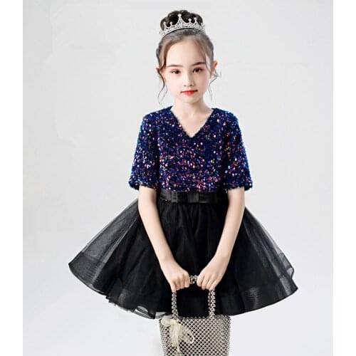 Girl Princess Dress Flower Girl Party Dress Royal Blue Tulle Sequin Wedding Dress for Evening Birthday Kids First Communion Gown