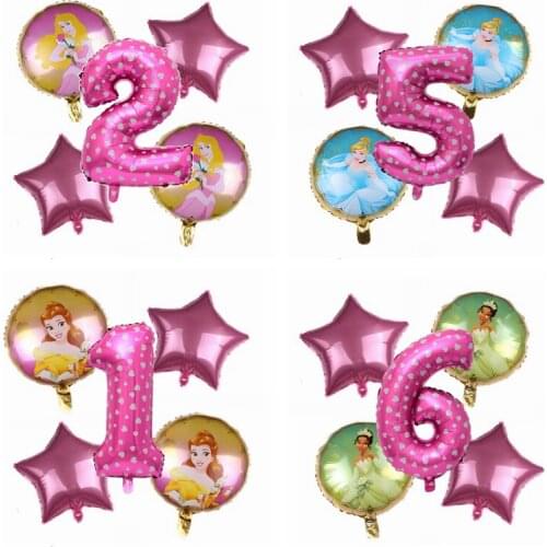 Girls Favor 5pcs Princess Ariel Tiana Belle Aurora Cinderella 5pcs 32inch Number Foil Balloons Birthday Party Decoration Suit