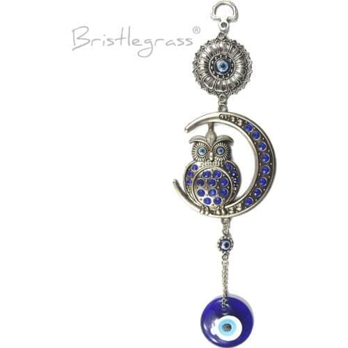 BRISTLEGRASS Turkish Blue Evil Eye Rhinestone Moon Owl Wall Hanging Pendants Amulets Lucky Charms Blessing Protection Gift Decor