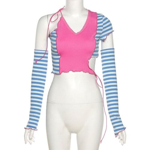 Spring and summer new style womens Solid color Slim fashion irregular stitching V-neck short-sleeved T-shirt women