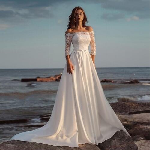 A Line Beach Satin Wedding Dresses with Lace Appliques Off Shoulder Boat Neck Corset Back Floor Length Bohemian Bride Gown
