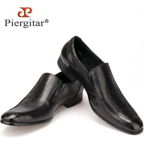 Piergitar Black Leather Men Dress Shoes mens flats Formal Business Shoes Wedding Dresses Shoes Oxford Shoes Slip on round toe