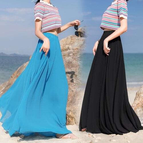 Bohemia Long Skirts Women Stretch High Waist Solid Chiffon A-Line Skirt Casual Pleated Maxi Skirt Faldas Saias Streetwear 0.6KG