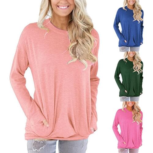 Women Solid Long Sleeve Pocket Loose Casual T-shirts Shirts Blouses Tops Female Clothing