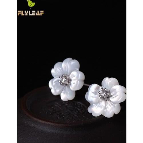 Flyleaf 100% Sterling Silver Shell Carvings Flowers Stud Earrings For Women Fashion Cubic Zirconia High Quality Jewelry