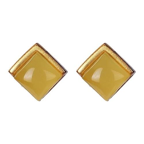 S925 sterling silver gold-plated natural amber stud earrings retro simple and compact exquisite square womens earrings