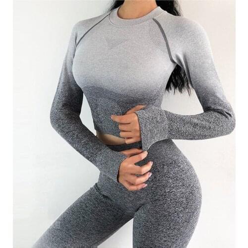 Women Seamless Yoga Set Gym Ombre Gradient High Waist Leggings+Long sleeve Top + Bra Workout Sport Suit Women Fitness Set