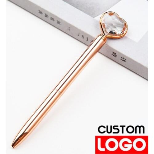 1pc Heart Diamond Metal Ballpoint Pen Cute Rotary Ball Pens Office School Writing Pen Engraved Name Private Customized Logo Pen