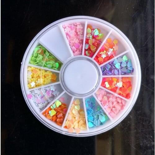 1X Wheel Nail Art Rhinestones Decoration 3D 12 Design Mix Color Glitter STAR FLOWER PETAL HEART Gems Nail Studs AA001