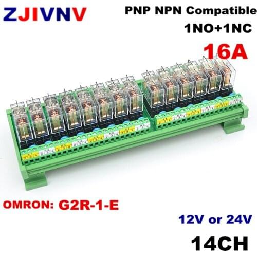 14 channels DIN Rail Mount 16A Power Relay Interface Module 1 NO+1 NC with OMRON G2R-1-E DC12v/24V Relay PNP NPN compatible