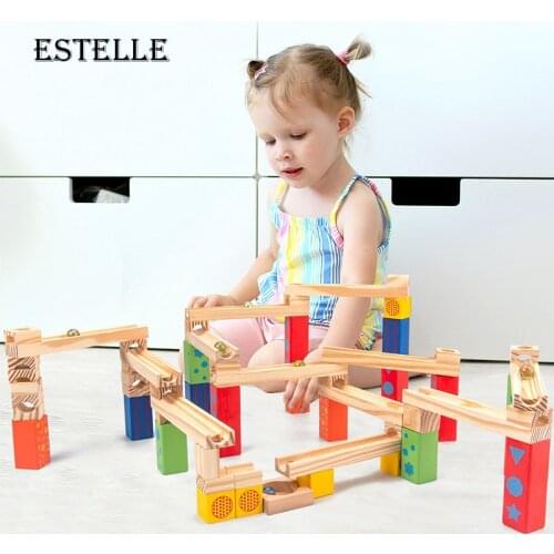 2021 Children Wooden Marble Runs Block Toy with Glass Beads 52Pcs Building Construction Assemble Rail Blocks Kid Educational Toy