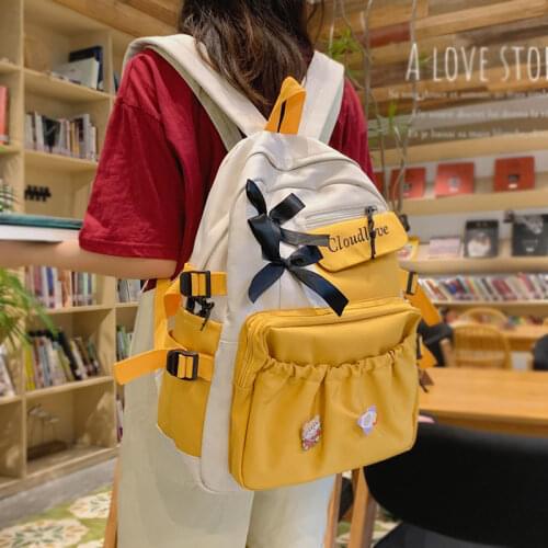 2021 Korean Panelled Color Backpacks Women Preppy Bow Travel School Bags Kawaii Yellow Patchwork Shoulders Bag for Teenager Girl