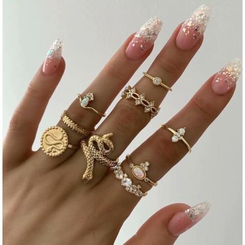 9pcs/Set New Snake shape Knuckle Rings Set For Women vintage coin Geometric Finger Rings Lady Wedding Jewelry