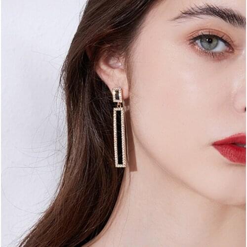 ARLIE New Korean Style Geometric Rhinestone Drop Earrings Long Black Rectangle Shiny Dangle Earring for Women Party Jewelry Gift