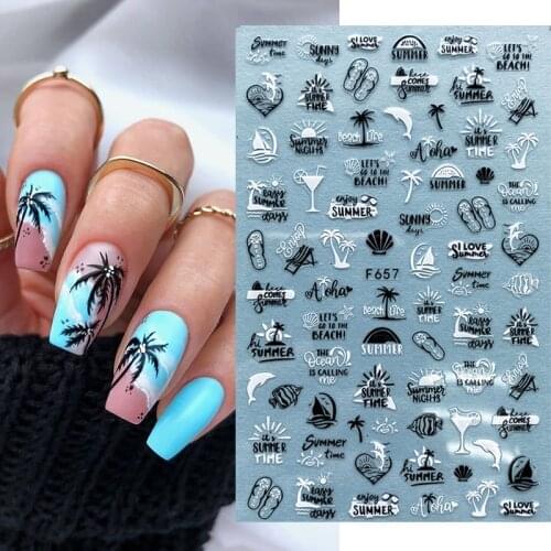 Black White Coconut Tree 3D Nail Sticker Summer Beach Style Tropical Leaf Transfer Decals Slider For Nails DIY Decorations