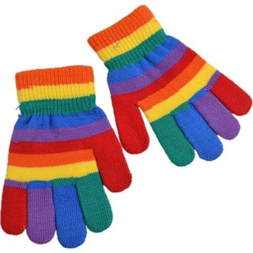 Kids Winter Knitted Full Half Finger Gloves Rainbow Colorful Striped Mittens 6XDA